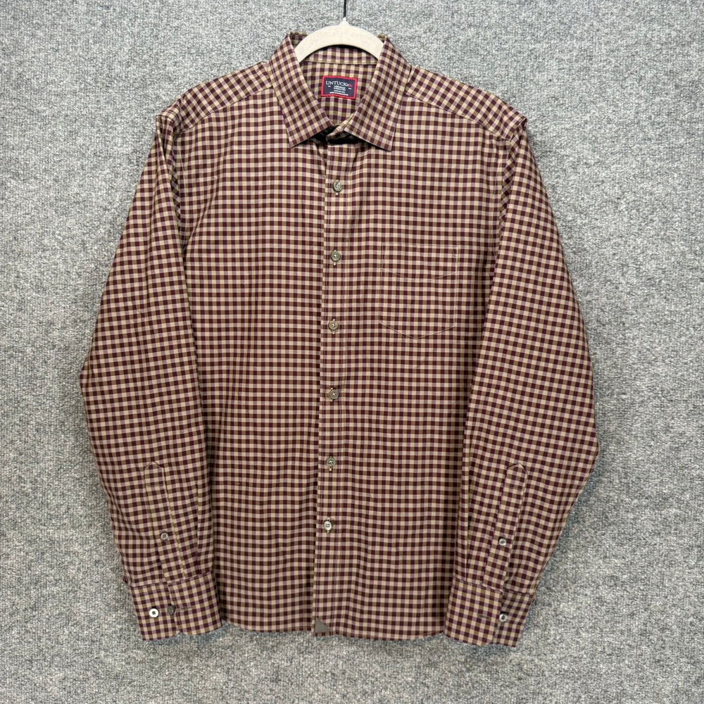 Untuckit Button Down Shirt Men Medium Burgundy Gingham Wrinkle Free Casual Work